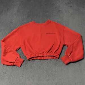 Pull&Bear Cropped Sweatshirt Womens XS Red Crew Neck Elastic Waist Graphic Print